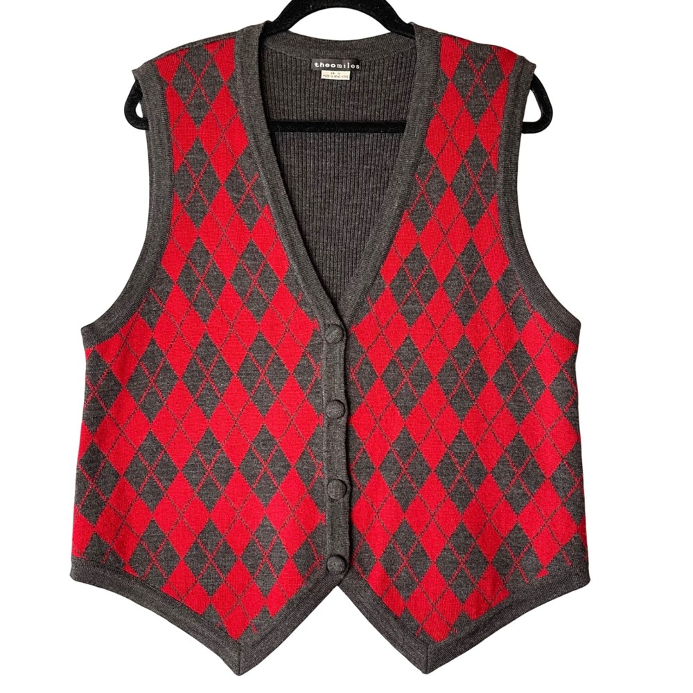 Theo Miles Womens 1X Argyle Sweater Vest Grey Red V-Neck Button Front Vintage